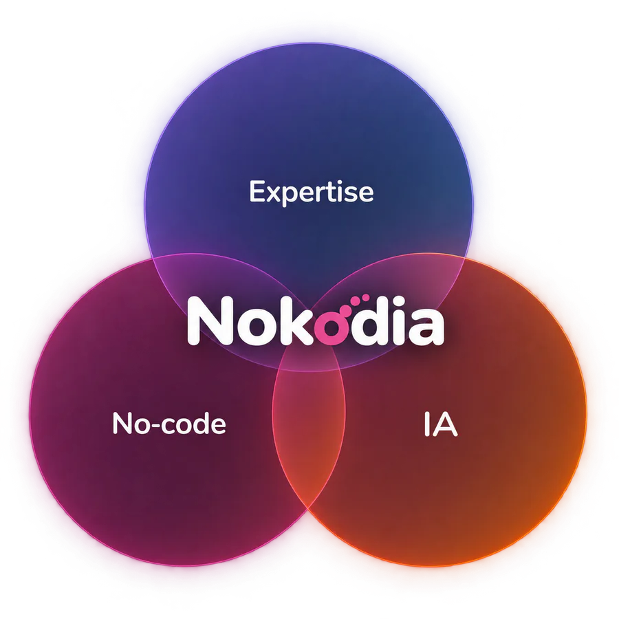 Schéma de l’origine de Nokodia, au croisement de l’expertise, du no-code et de l’intelligence artificielle